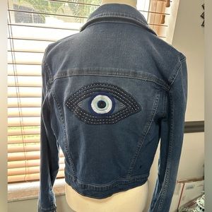 Evil Eye Embroidered Denim Jacket Studded Jean Jacket M Distressed Beaded Blue
